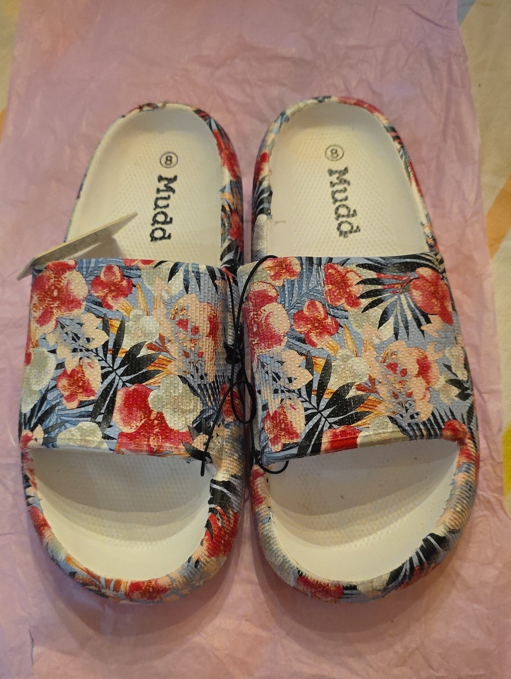 Mudd Tropical Floral Slide Sandals in Red, Blue and White